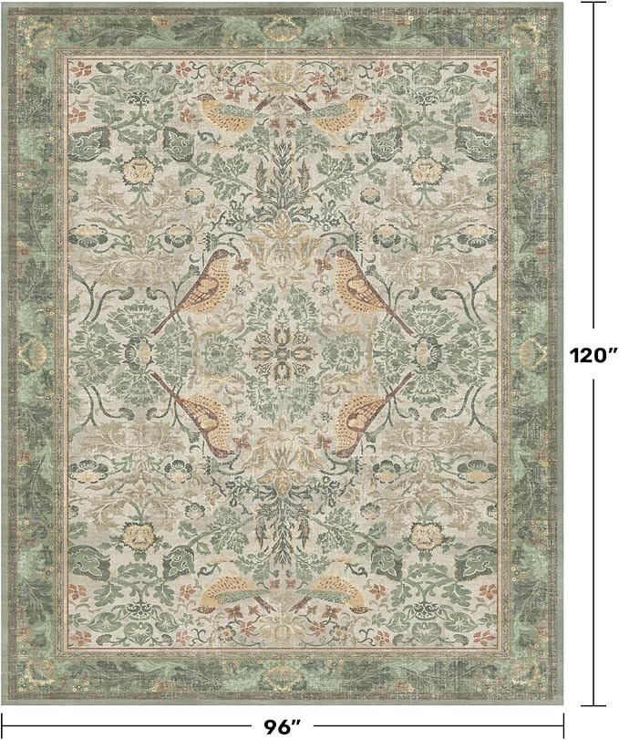 Hazo Haus Washable Floral Bird Rugs for Living Room - Sage Green 8x10 Area Rugs for Bedroom Under Bed, Dining Room Kitchen Table Rug for Under Table, Nature Botanical Decor, Stain Resistant Non-Slip