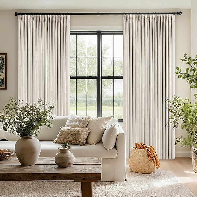 Pinch Pleated Blackout 102 Inch Curtains 70 Inch Wide Linen Dual Layer Soundproof Farmhouse Bedroom Window Curtains for Living Room Cream Natural Hooks Rings Back Tab 100% Black Out Drapes 1 Panel