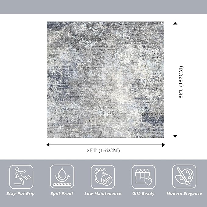 5x5 Rug Square for Living Room – Machine Washable Non-Slip Area Rug for Kitchen Entryway Bathroom – Modern Neutral Abstract Soft 5ft Indoor Carpet (Blue Grey, 5x5)