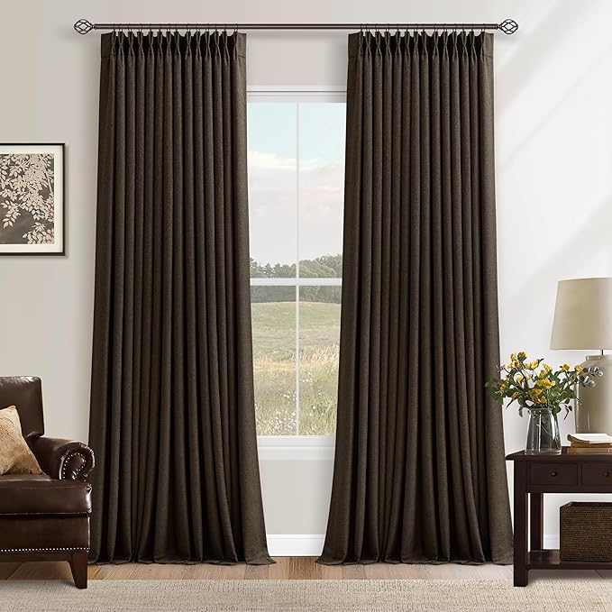 Dark Brown Pleated Double Layer Thick Linen Curtains 90 Inches Long for Bedroom Living Room Memory Trained Pinch Pleat 100% Blackout Thermal Noise Blocking Rustic Windows Drapes 2 Panels Set
