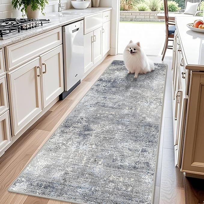 3x8 Washable Hallway Runner – Non-Slip Abstract Modern Neutral Wide Carpet Runner for Kitchen Floor, Entryway, Bedroom, Living Room – Soft Low-Pile Thin Rubber Backing（Blue Gray,3x8）