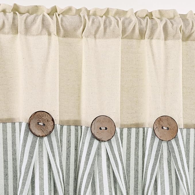 ASPMIZ Farmhouse Cotton Linen Swag Valances for Windows, Boho Rustic Kitchen Curtains Valances with Buttons, Green Striped Window Treatments Curtain Valance for Bathroom Cafe, 61 x 36 Inch, 1 Panel