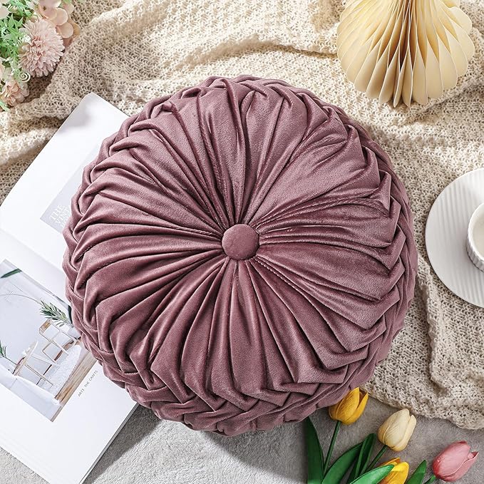 Drydiet 1 Pcs Round Throw Velvet Pillows Decorative Pleated Throw Pillows 15'' Diameter Accent Pumpkin Boho Chair Cushion for Couch Sofa Home Decoration (Dusty Rose)