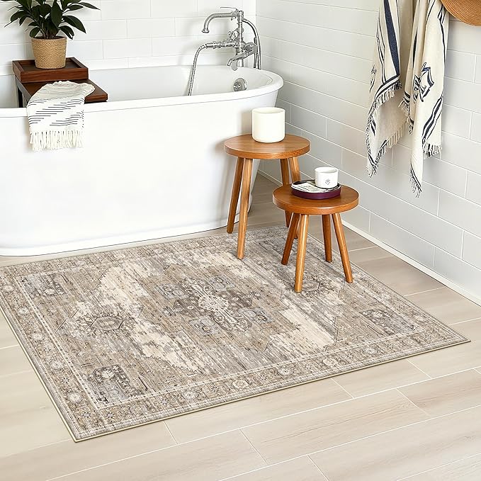 RUUGME Washable 2x3 Area Rugs - Large Boho Rugs for Living Room Stain Resistant Carpet Vintage Tribal Rugs for Bedroom Kitchen Bathroom with Non Slip Backing Home Decor Floor Decoration Mat 2x3 Beige