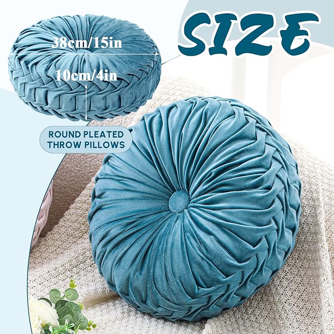 Drydiet 1 Pcs Round Throw Velvet Pillows Decorative Pleated Throw Pillows 15'' Diameter Accent Pumpkin Boho Chair Cushion for Couch Sofa Home Decoration (Dusty Blue)