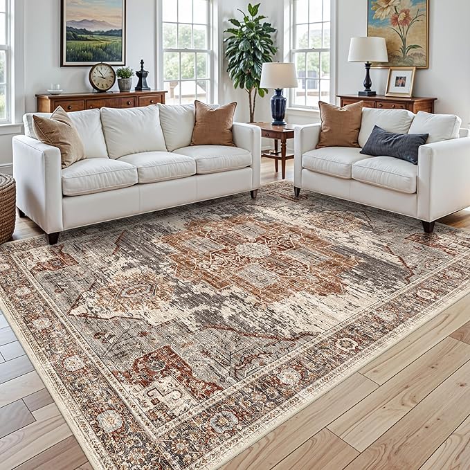 Living Room 7x9 Area Rug - Washable Area Rugs with Non Slip Backing Stain Resistant Carpet for Bedroom Vintage Rugs Indoor Ultra-Thin Carpets Home Decor Decoration Mat 7x9 Brick