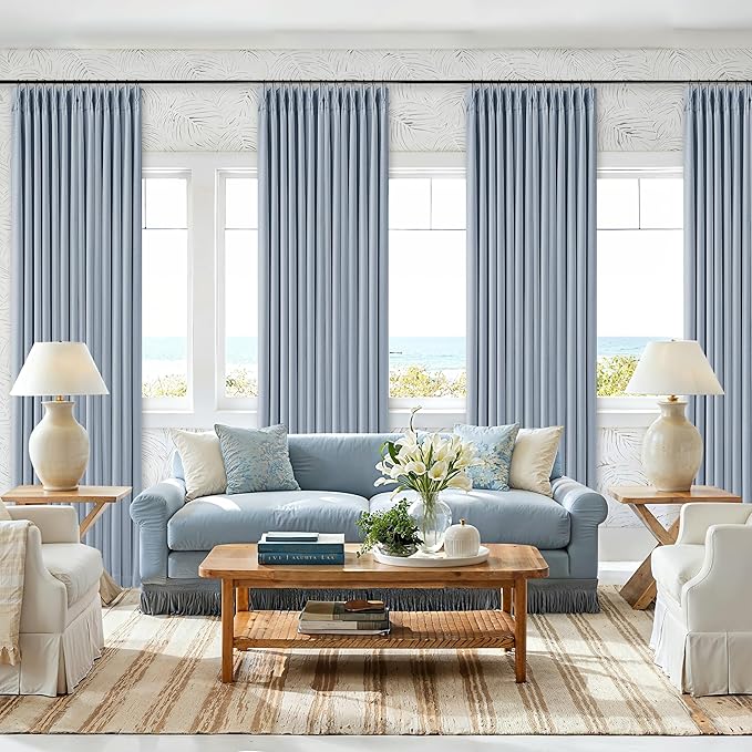 Light Blue Linen Blackout Pleated 105 Inch Curtains for Living Room Darkening Pinch Pleat 100% Black Out Drapes Thermal Insulated Soundproof 105 Inch Curtain with Liner for Dining Kids Girls Bedroom