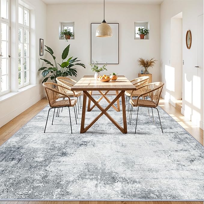 RUUGME Abstract Area Rug 9x12 - Large Machine Washable Rugs for Living Room Non-Slip Low Pile Carpets for Bedroom Ultra Thin Stain Resistant Rome Decor Floor Mat for Dining Room 9x12 Grey Black White