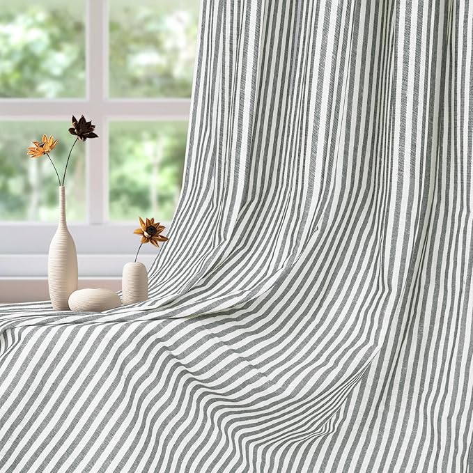 ASPMIZ Cotton Linen Farmhouse Curtains Boho Rustic Button Curtain, Linen Window Curtain Panels Green Stripe Country Curtains for Living Room Bedroom, Back Tab Window Drapes, 52 x 84 Inch, 2 Panels