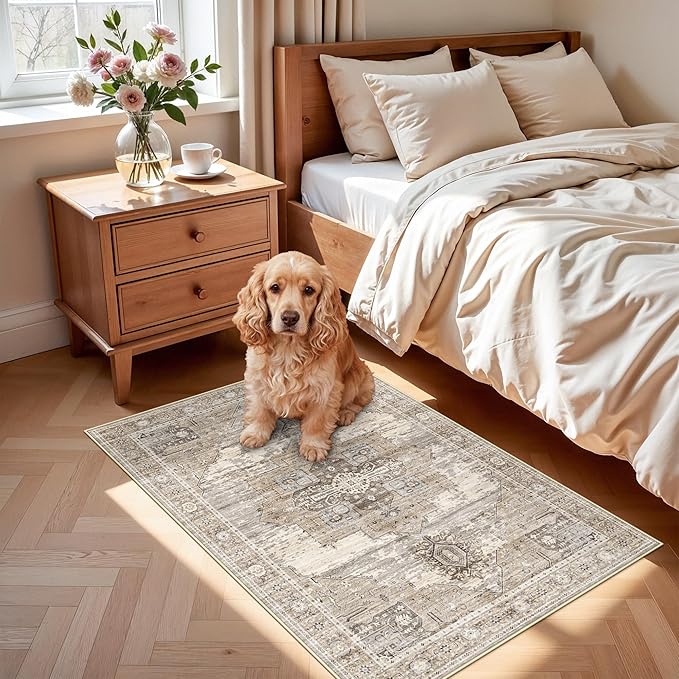 RUUGME Beige Washable Entry Rug : 3x4 Rugs for Entryway Kitchen Bathroom Indoor - Soft Stain Resistant Carpets Distressed Floor Decor Mat 3x4 Beige