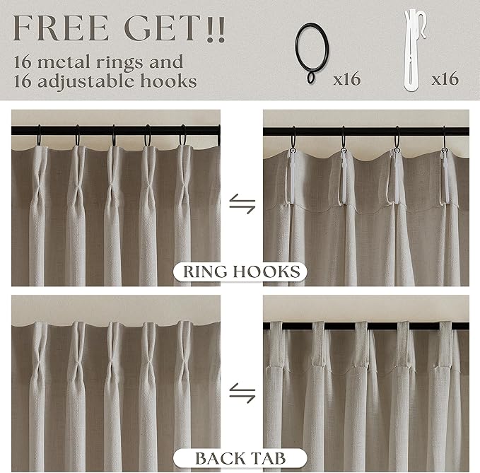 Flax Linen Curtains Pinch Pleated 84 Inch Length 2 Panels for Living Room Bedroom Burlywood Birch Semi Sheer Rustic Farmhouse Back Tab Pinch Pleat Hooks Rings Window Curtain 84 Inches Long Taupe