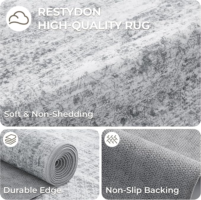 2x4 Washable Rug Runner for Bathroom, Soft Entryway Rug for Laundry Room, Kitchen, Vintage Abstract Hallway Runner for Bedroom, Anti-Slip Door Mat Indoor Entrance(2'x4', Grey/Ivory)