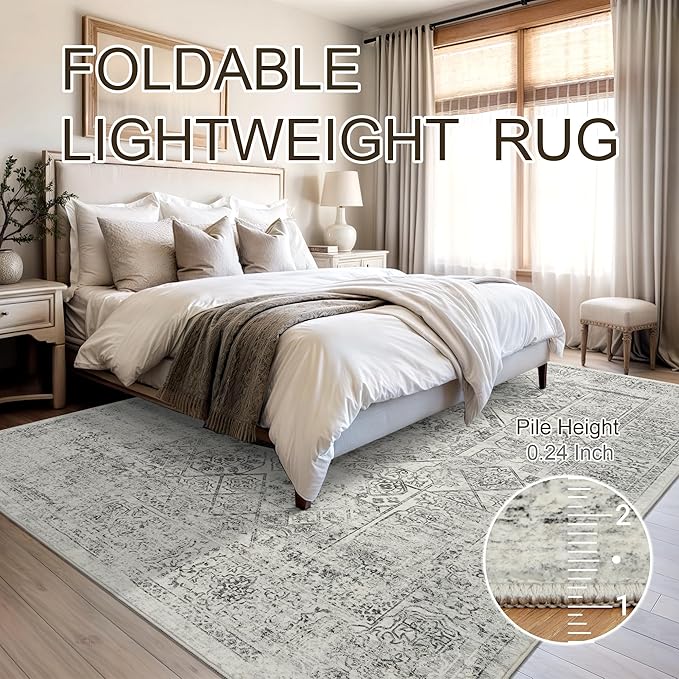 Soalmost Washable Area Rug 8x10, Gray Soft Rug for Living Room Vintage 8x10 Area Rugs for Bedroom Dining Room Floral Non-Slip Thin Grey Rug