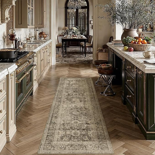 2x6 Washable Runner Rug for Kitchen Hallway Brown Vintage Non-Slip Low Pile Distressed Rustic Carpet Soft Long Throw Rug for Indoor Entryway Bedroom