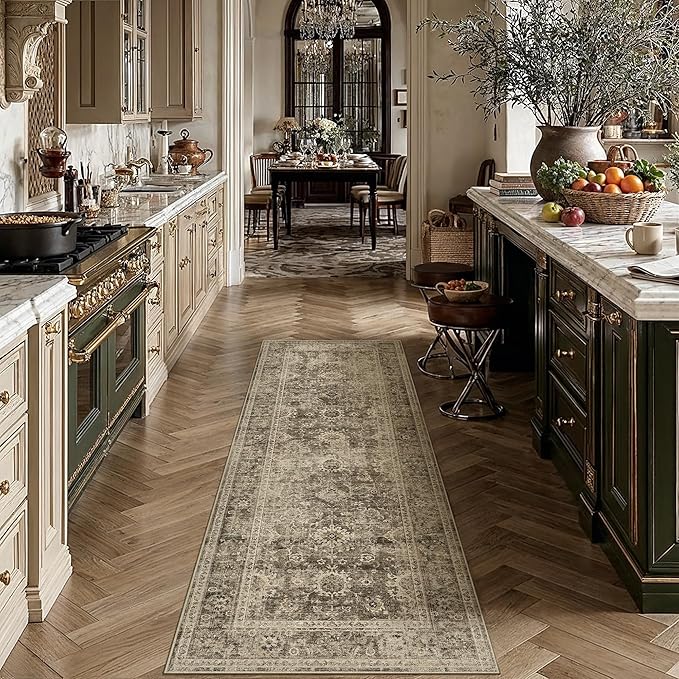 2x5 Washable Runner Rug for Kitchen Hallway Brown Vintage Non-Slip Low Pile Distressed Rustic Carpet Soft Throw Rug for Indoor Entryway Bedroom