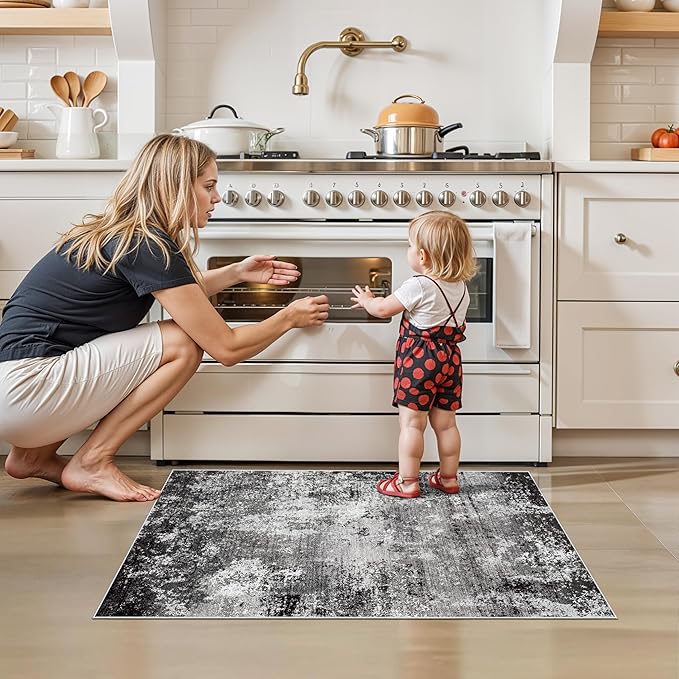 2x3 Washable Entryway Rug – Non-Slip Modern Abstract Neutral Small Throw Area Rug for Kitchen, Bedroom – Soft Low Pile Thin Indoor Door Mat（Black Grey,2x3）