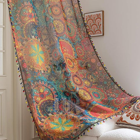 Dot Colorful Sheer Curtains 102 inch Long, Fringed Edges and Textured Semi Sheer Curtains Large Window Treatments for Living Room/Bedroom, 2 Panels
