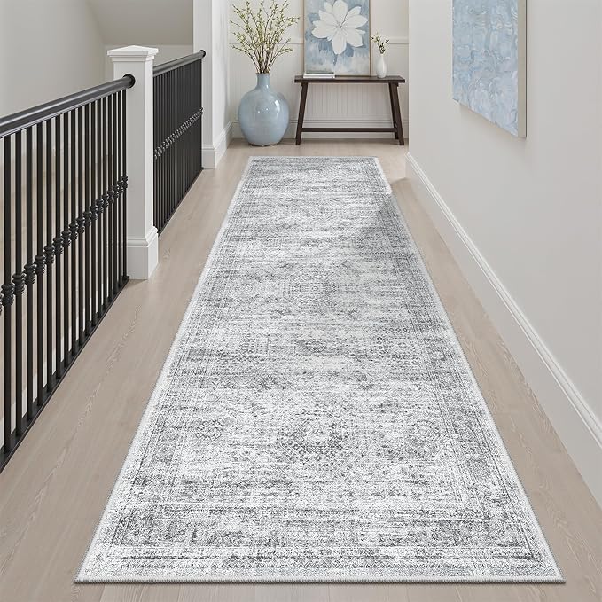 Soalmost Washable Runner Rug, 2'6" x 8' Non-Slip Kitchen Vintage Foldable Hallway Runners for Entryway, Laundry, Bedroom, Grey