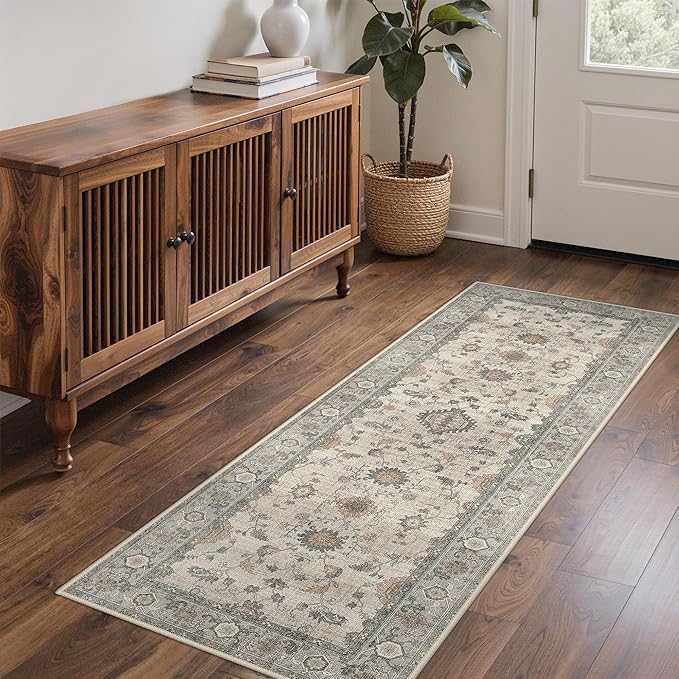 GENIMO Runner Rug for Hallways Machine Washable, 3x7 Non Slip Boho Vintage Lightweight Washable Runners, Thin Floor Rugs for Entryway Hallway Bathroom Laundry Room Corridor, Light Taupe Green