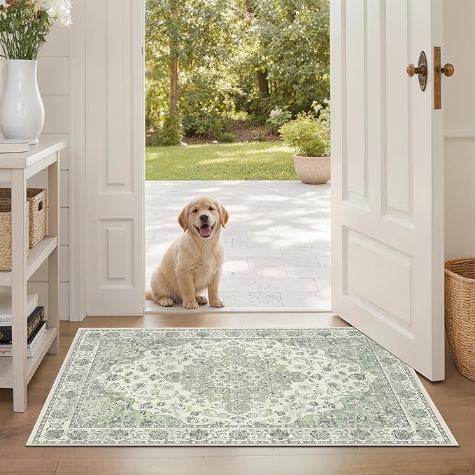 Washable Entryway Runner Rug - 2x3 Kitchen Rug Distressed Low Pile Mats Non Slip Soft Rugs for Dining Room with Rubber Backing Bedroom Runner with Vintage Design (Green 2x3)