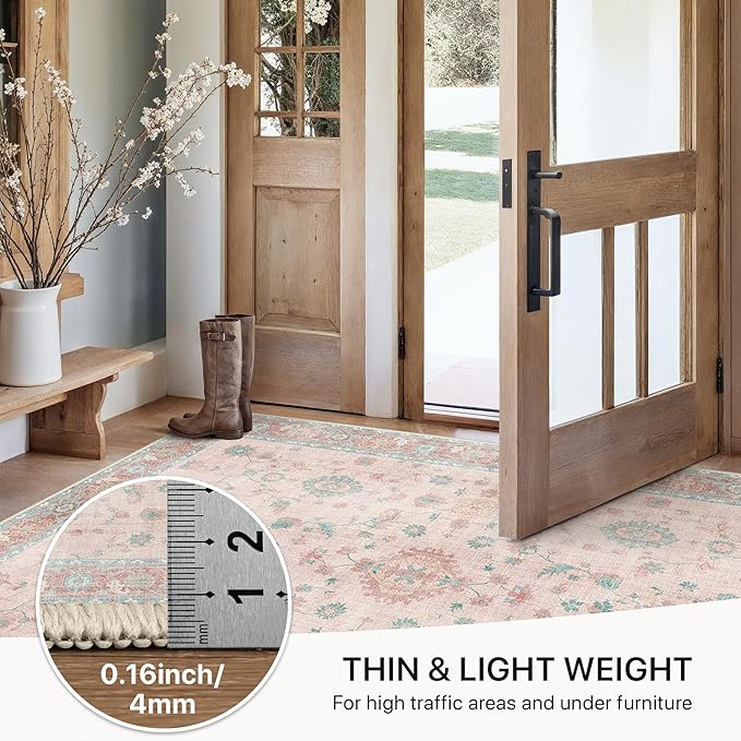 GENIMO Runner Rug for Hallways Machine Washable, 3x7 Non Slip Boho Vintage Lightweight Washable Runners, Thin Floor Rugs for Entryway Hallway Bathroom Laundry Room Corridor, Misty Pink
