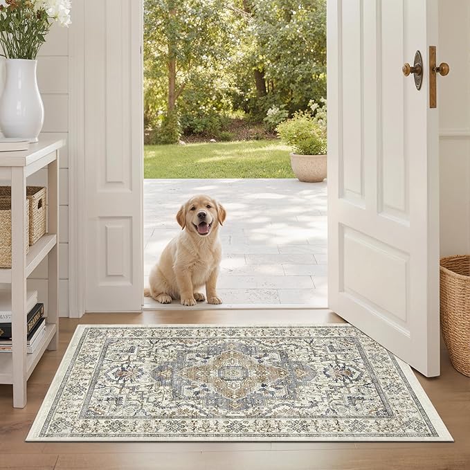 Washable Entryway Runner Rug - 2x3 Kitchen Rug Distressed Low Pile Mats Non Slip Soft Rugs for Dining Room with Rubber Backing Bedroom Runner with Vintage Design (Beige/Blue 2x3)