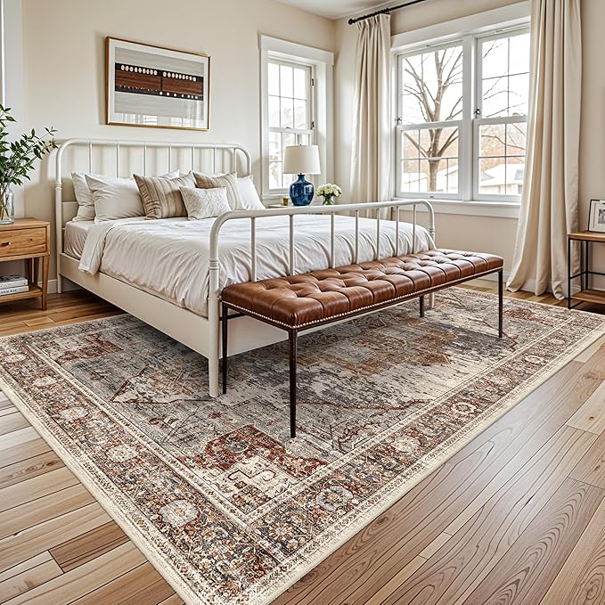 Living Room 7x9 Area Rug - Washable Area Rugs with Non Slip Backing Stain Resistant Carpet for Bedroom Vintage Rugs Indoor Ultra-Thin Carpets Home Decor Decoration Mat 7x9 Brick