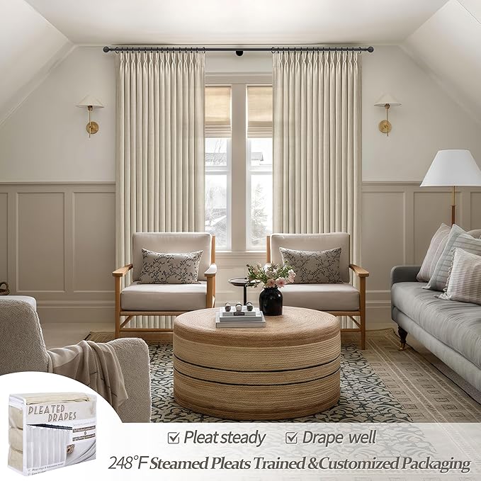 Custom Warm Beige Pinch Pleat Light Filtering Curtains 88 Inches Long for Office 2 Panels Set, Memory Trained Thick Natural Linen Blend Semi Sheer Protect Privacy Windows Curtain & Drapes with Hooks