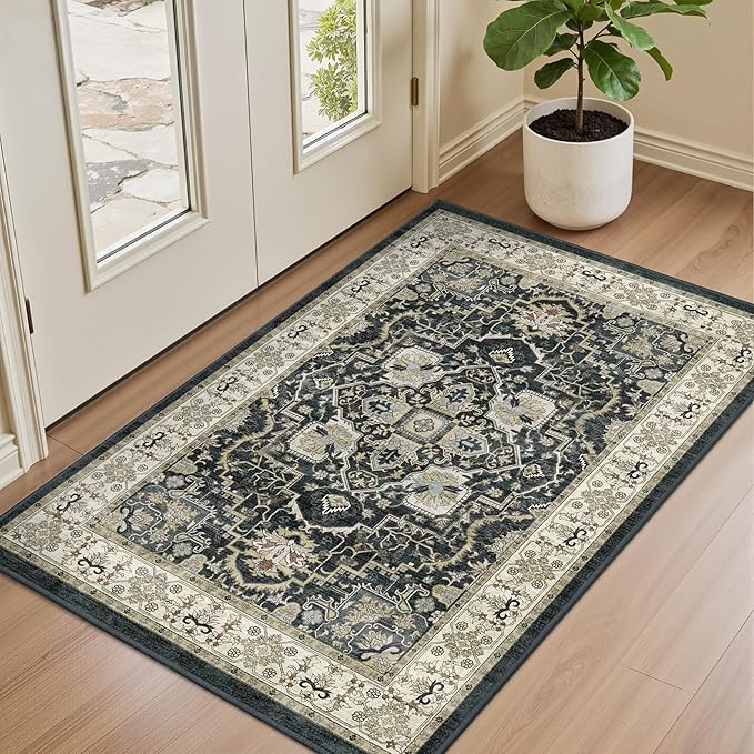 Washable Entryway Runner Rug - 2x3 Kitchen Rug Distressed Low Pile Mats Non Slip Soft Rugs for Dining Room with Rubber Backing Bedroom Runner with Vintage Design (Black 2x3)