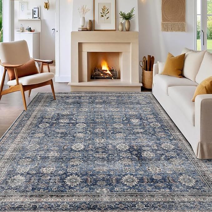 GarveeHome 10x13 Washable Vintage Area Rug Stain Resistant Non-Slip Large Indoor Carpet Non Shedding Soft Low-Pile Carpet Foldable Distressed Retro Floor Mat for Bedroom Living Room Denim