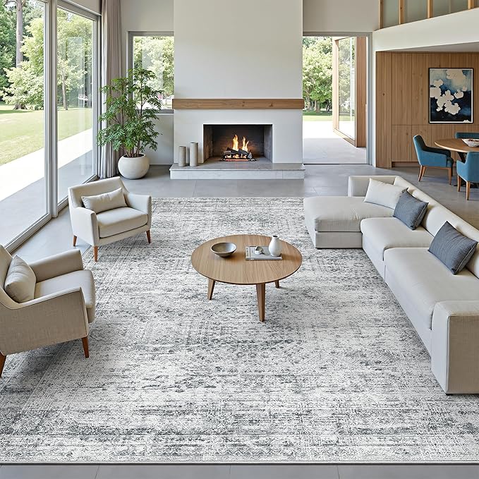 Soalmost 12x15 Washable Area Rug Gray Neutral Abstract Living Room Large Carpet Non Slip Bedroom Indoor Office Dining Room Low Pile Thin Grey Rug