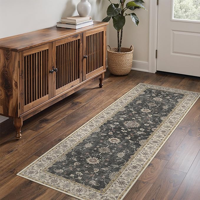 GENIMO Runner Rug for Hallways Machine Washable, 2x5 Non Slip Boho Vintage Lightweight Washable Runners, Thin Floor Rugs for Entryway Hallway Bathroom Laundry Room Corridor, Charcoal Brown