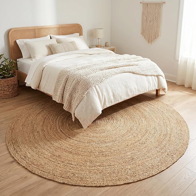 Jute Braided Area Rug, Natural - 8 Feet Round, Boho Neutral Indoor Circle Hand Woven Rugs for Living Room, Bedroom, Nursery, Dining Area | Farmhouse Large Rustic Patio Floor Mat for Coastal Décor