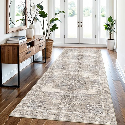 3x7 Runner Rug for Hallway Kitchen - Washable Ultra-Thin Soft Carpet for Entryway,Laundry Room,Bedroom - Vintage Non Slip Stain Resistant - Low Pile Oriental Home Decor 3x7 Beige