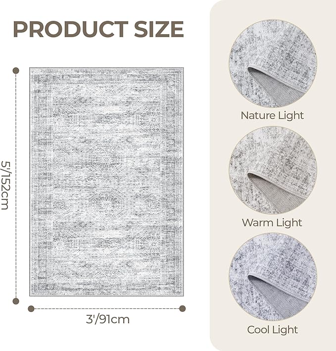3x5 Washable Area Rug for Entryway, Soft Kitchen Rugs Non Slip for Dining Room, Vintage Abstract Living Room Rug, Thin Area Rugs Indoor for Bedroom, Kids Room Decor(3'x5', Grey/Ivory)