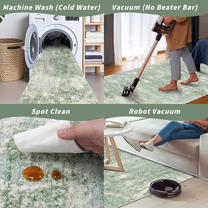 2x10 ft Washable Hallway Runner Rug – Non-Slip Long Carpet Runners for Kitchen Entryway Bedroom Living Room Bathroom,Stain-Resistant Low-Pile Modern Abstract Neutral (Sage Green,2x10)