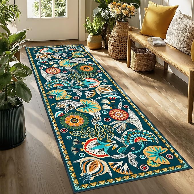 Joydeco Egypt Floral Boho 2x8 Bathroom Hallway Runner Rug Non Slip, Washable Dark Green Kitchen Rug Runner, Vintage Ultra-Thin Long Carpet for Entryway Laundry Bath Room Bed Beside