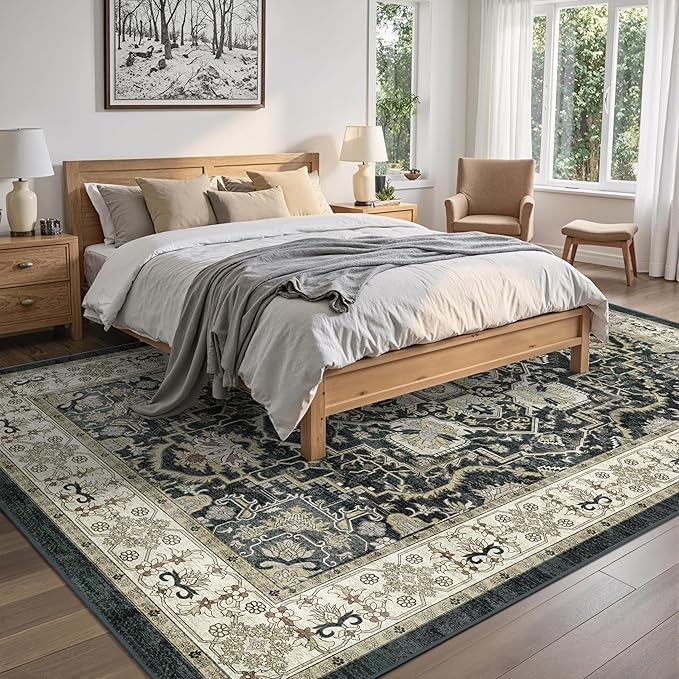Black 5x7 Washable Area Rug, Non-Slip Soft Ultra-Thin Polyester Carpet with Vintage Stain Resistant Indoor Rug for Living Room, Bedroom, Dining Room, Nursery Oeko-TEX - Black