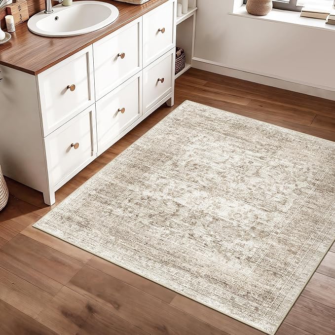 RUUGME Washable 3x3 Rugs Square - Boho Low Pile Soft Area Rugs for Entryway Kitchen Bathroom Bedroom Stain Resistant Ultra Thin Carpets with Non Slip Backing Indoor Home Decor 3x3 Beige Brown