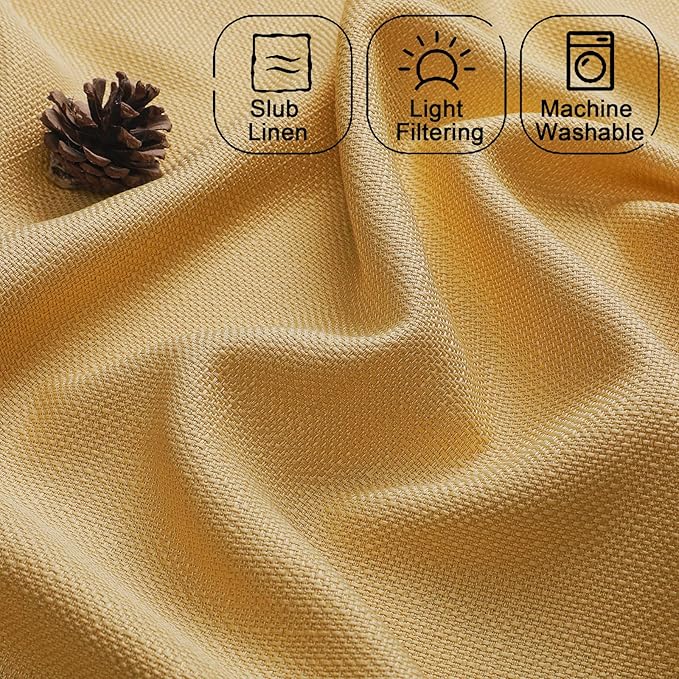 Chyhomenyc Gold Curtains 63 Inch Length 2 Panels, Faux Linen Textured Semi Sheer Light Filtering Soft Airy Rod Pocket Window Treatment Drapes for Living Room Bedroom, Each 40" Wx63 L