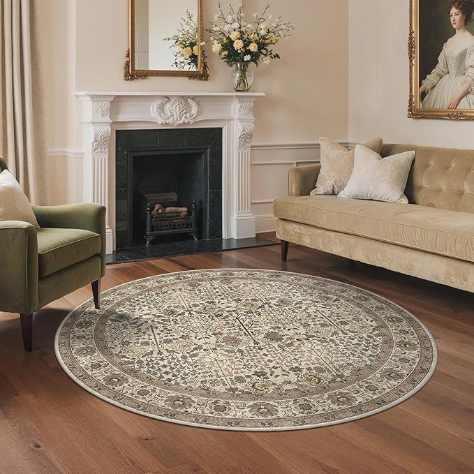 Bavni Round Rug 5ft-Machine Washable Area Rugs Non-Slip for Bedroom, 5x5 Vintage Floral Rug Distressed Throw Carpet for Living Room Nursery Kitchen Bathroom, Dark Espresso