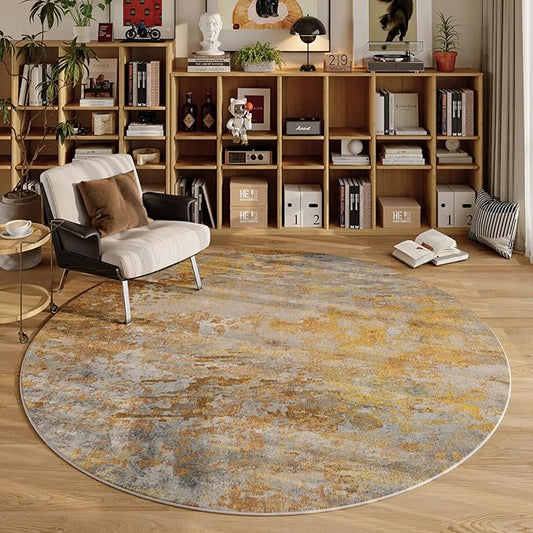 Beige Gold Round Area Rugs 4ft Washable Circle Rug for Entryway Kitchen, Non Slip Soft Low Pile Stain Resistant, Boho Circular Carpet for Living Room Bedroom Dorm Dining Room Table, Abstract Tan