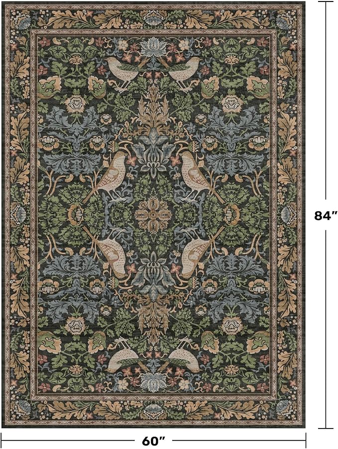 Hazo Haus Vintage Floral Area Rug 5x7 for Living Room - Dark Green Forest Bird Rugs for Bedroom, Dining Room, Office, Non Slip Stain Resistant Low Pile