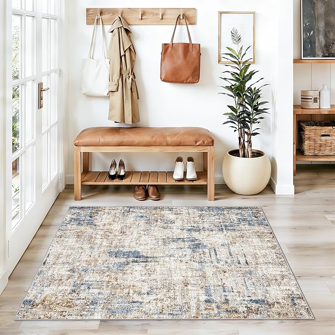 3x4 Rug Washable for Entryway - Non-Slip Modern Small Indoor Area Rug for Bathroom,Living Room，Bedroom - Abstract Neutral Soft Low-Pile Throw Mat with Rubber Backing (Blue Brown)