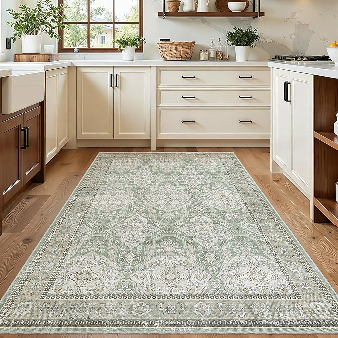 Soalmost 4x6 Area Rugs for Living Room, Vintage Washable Rugs for Dining Room, Bedroom, Home Office Decor, Non-Slip Green/Brown Carpet Thin Rug