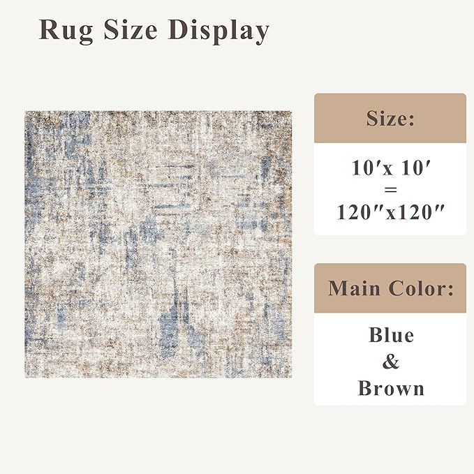 10x10 ft Square Living Room Rug – Washable Modern Abstract Area Rug for Bedroom, Dining Room, Playroom – Neutral Non-Slip Low-Pile Thin Indoor Carpet（Blue Brown）