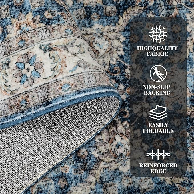 GarveeHome Area Rug 8x10 Washable Living Room Rug Non Slip Distressed Floor Cover Foldable Low Pile Traditional Accent Rug Floral Print Soft Throw Carpet for Bedroom Dining Room Office, Blue