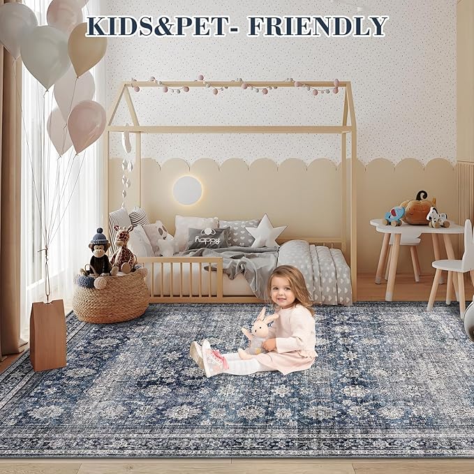 GarveeHome Runner Rugs 2.5x8 Vintage Printed Hallway with Non-Slip Backing, Stain-Resistant Oriental Washable Farmhouse Low Pile Rugs for Kitchen, Laundry, Blue