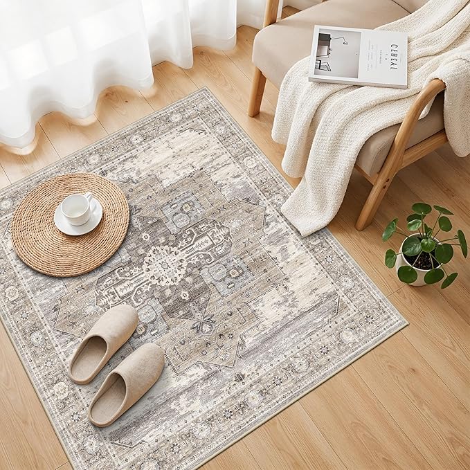 Washable Small 2x2 Rug Square - Boho Ultra Thin Soft Non Slip Rugs Multi-Use Stain Resistant Easy-Clean Carpets for High-Traffic Entryway, Kitchen, Pet Area, Bathroom & Dorm Decor 24x24 Beige