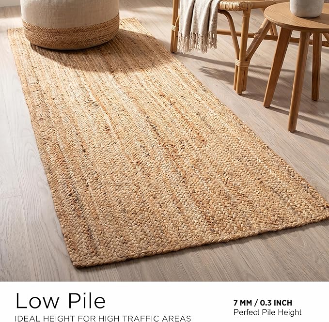 Jute Braided Runner Rug, Natural - 2x6 Feet, Farmhouse Hand Woven Coastal Runners for Hallways, Kitchen, Bedroom, Entry Door | Neutral Boho Beige Floor Carpet for Nursery, Balcony - 24x72 Inches